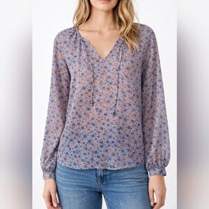 Espirit Collection Sheer Floral Tie Neck Blouse Blue Coral  Lightweight Size XS